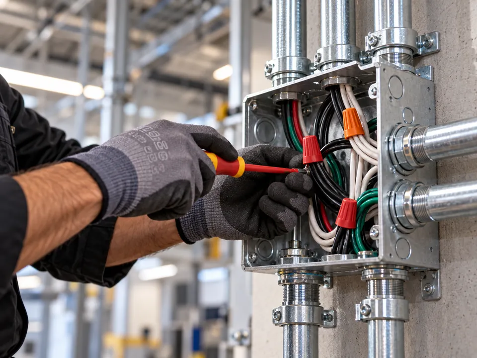 Electrician working in a junction box fed by steel conduit