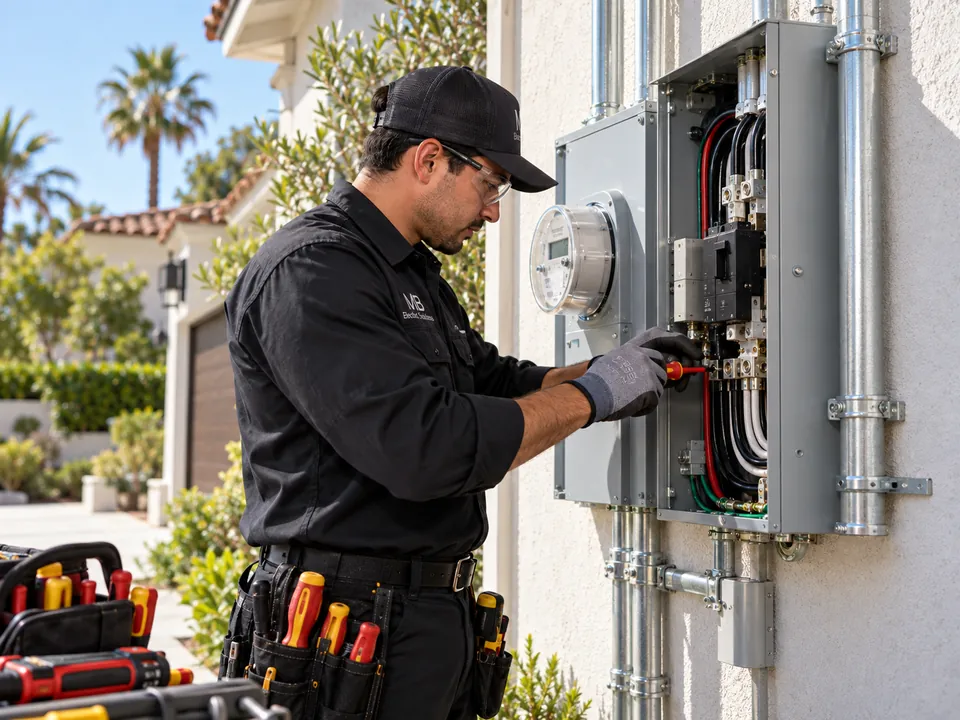 Electrician in an MB Electric Solutions uniform testing a main service panel beside the meter on the outside wall of a house