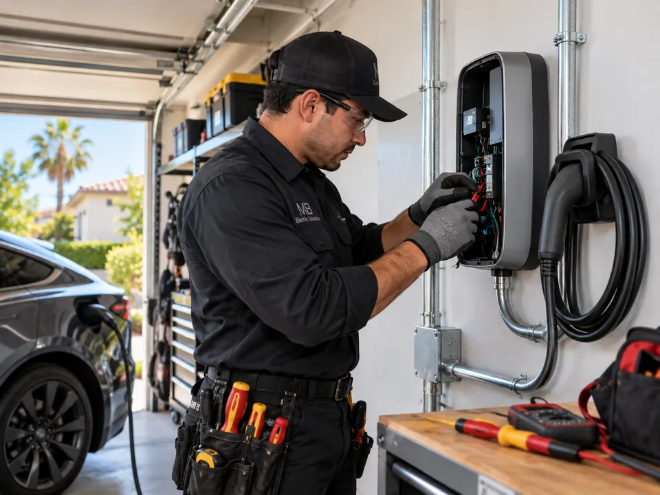 Electrician wiring a wall-mounted EV charger in a garage, with an electric car parked beside it