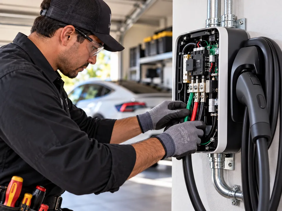 Close view of an electrician wiring the inside of a wall charger for an electric car