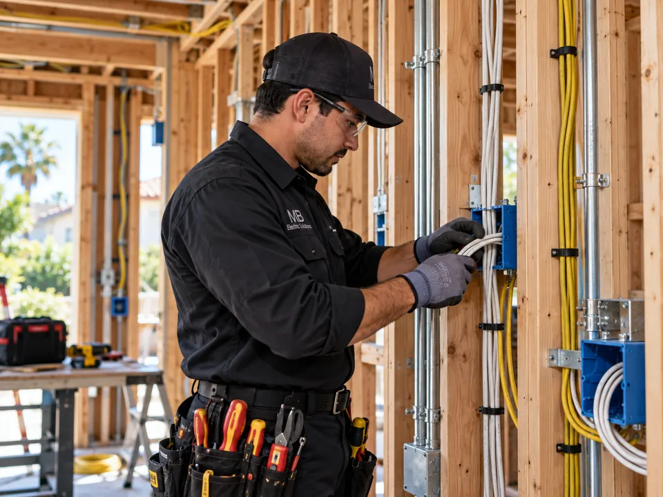 Electrician pulling wire through the open wood framing of a new addition
