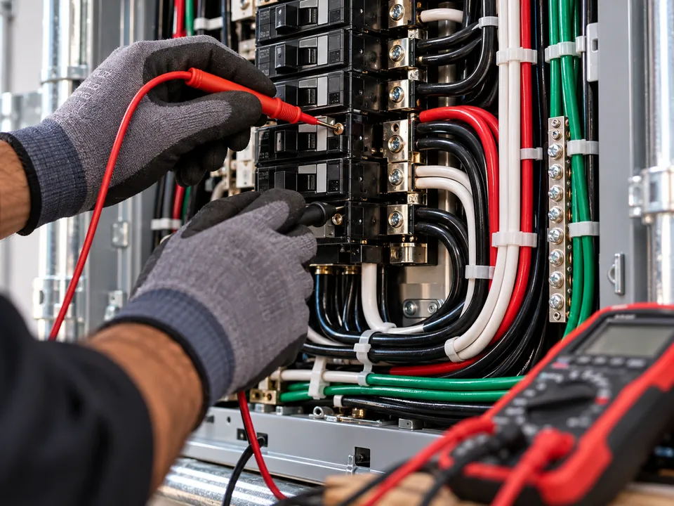 Electrician measuring a breaker panel with a multimeter